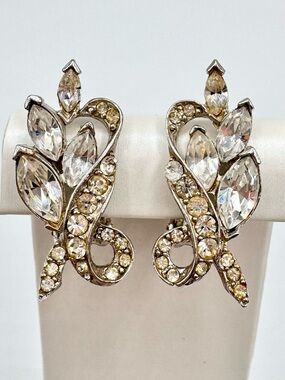 Vintage PELL Navette Rhinestone Cluster Clip On Earrings Silver Tone Signed